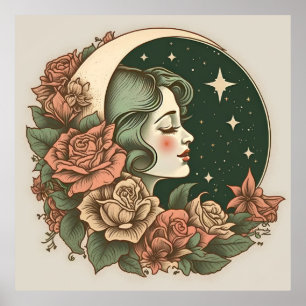 Poster Estrelas e Flores da Lua de Deco da Arte Retroativ