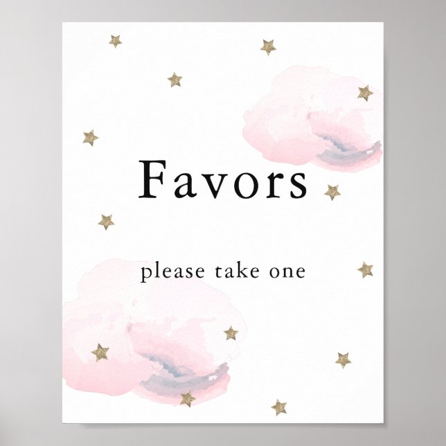 Poster Estrelas e Nuvens Rosa Favoritos de Chá de fraldas (Frente)