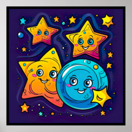 Poster Estrelas engraçadas e bonitas com a lua no espaço
