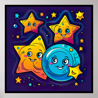 Poster Estrelas engraçadas e bonitas com a lua no espaço