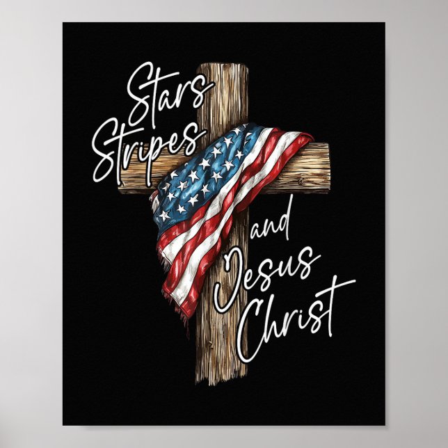 Poster Estrelas Listras e Jesus Cristo Fé Patriota (Frente)