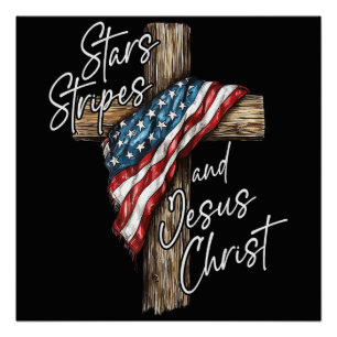 Pôster Estrelas Listras e Jesus Cristo Fé Patriota