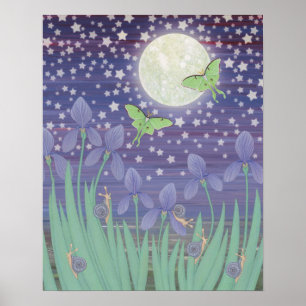 Poster estrelas lua, mariposas de luna, caracóis e irises