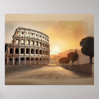 Poster estrutura do Coliseu em Roma esboçada ao pôr do so
