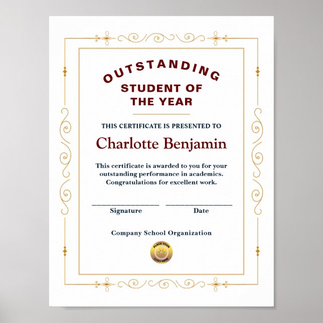 Poster Estudante Do Certificado De Realização Do Ano Pers (Frente)