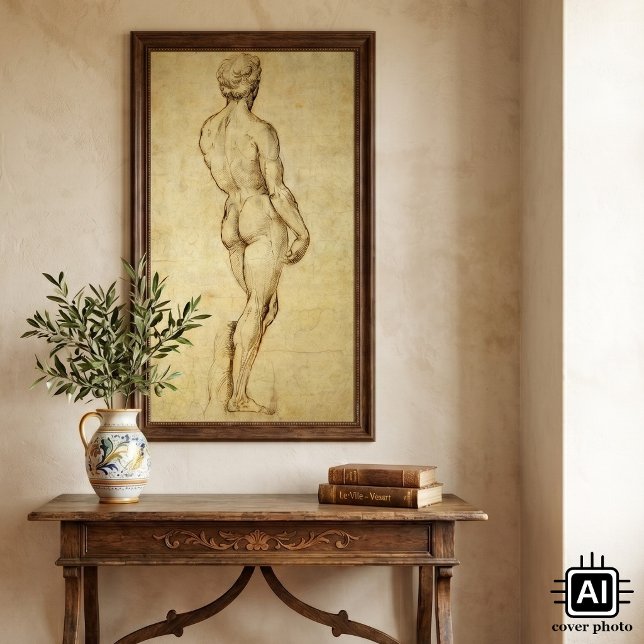 Pôster Estudo da estátua de Davi de Michelangelo por Rafa (Study of Michelangelo's David by Raphael is a vintage Renaissance sketch of David from behind.)