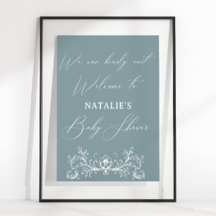 Poster Eterno Vintage Chá de fraldas Azul Floral