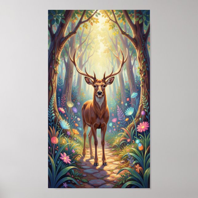 Poster Ethereal Deer in Luminous Forest Path (Frente)