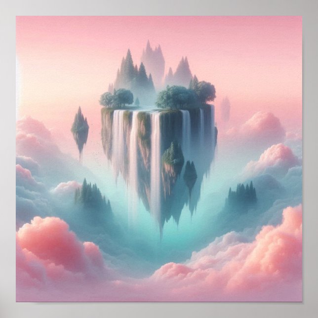 Poster Ethereal Floating Islands and Waterfalls in Pastel (Frente)