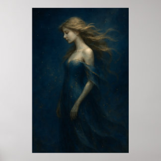 Poster Ethereal Girl in Blue Dress – Dreamy Fantasy Art
