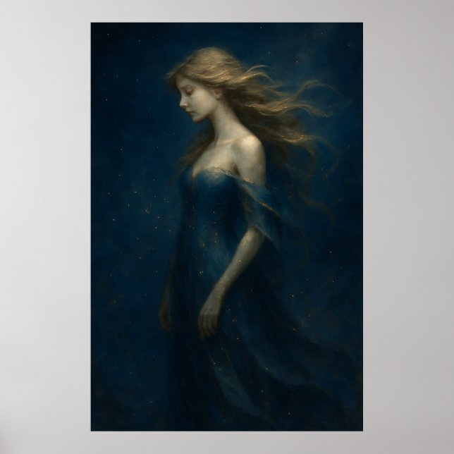 Poster Ethereal Girl in Blue Dress – Dreamy Fantasy Art (Frente)