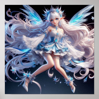 Poster Ethereal Ice Queen Fairy with Flowing White Hair