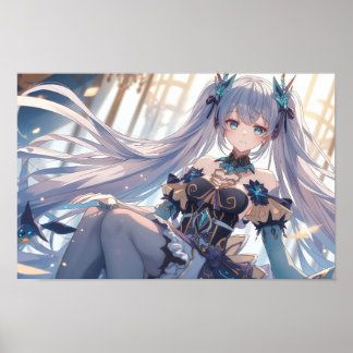 Poster Ethereal Silver-Haired Anime Princess Fantasy Illu