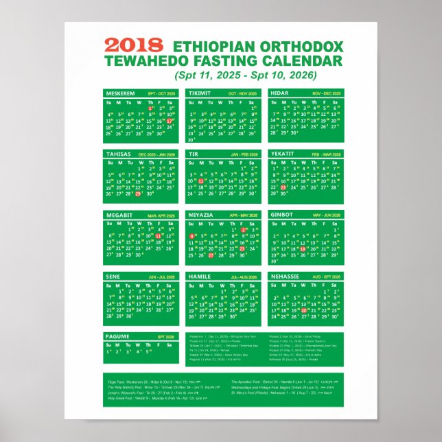 Poster Ethiopian Orthodox Fasting Calendar 2018 (Frente)