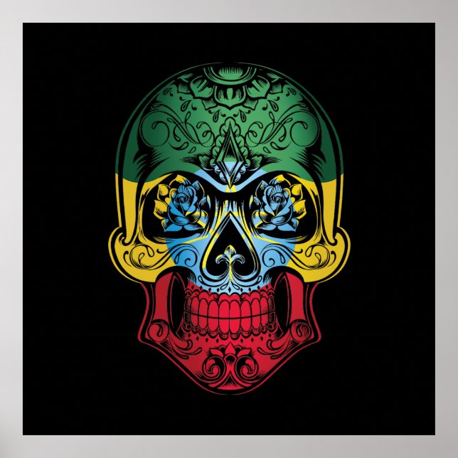 Poster Etíope - Caveira E Bandeira De Rosas (Frente)