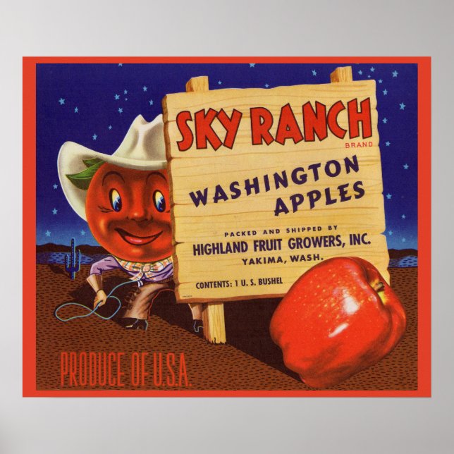 Poster Etiqueta da caixa do Sky Ranch Washington Apples,  (Frente)