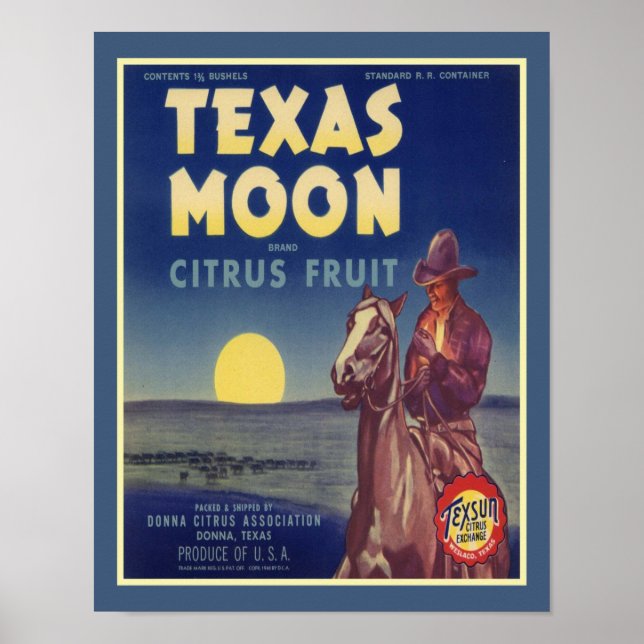 Poster Etiqueta de Fruta do Texas Moon Moon, de 1950 (Frente)