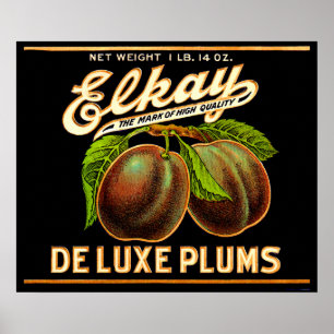 Poster Etiqueta Elkay Deluxe Plums em 1930