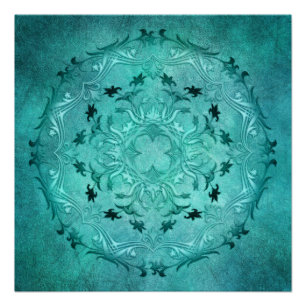 Pôster Etnia floral turquesa grunge mandala.