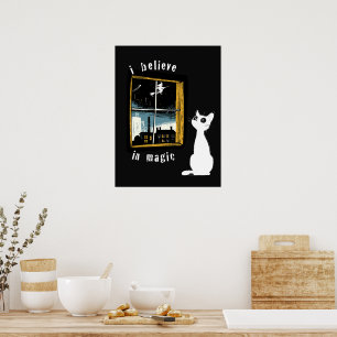 Poster Eu Acredito Em Magia Gato Branco Bruxa Vintage Lin