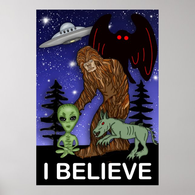 Poster Eu acredito | Grande Alienígena de pés Mothman UFO (Frente)