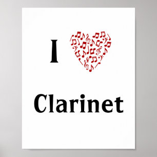 Poster Eu adoro Clarinet Red Heart of Music Notes