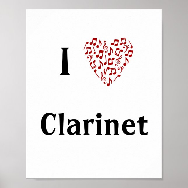 Poster Eu adoro Clarinet Red Heart of Music Notes (Frente)