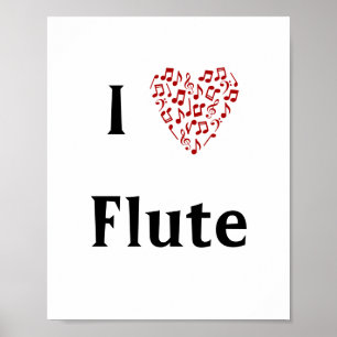 Poster Eu adoro o Coração Vermelho Flute das Notas Musica