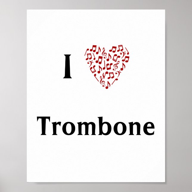 Poster Eu adoro Trombone Red Heart of Music Notes (Frente)