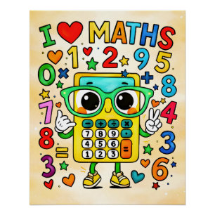 Pôster Eu Amo Design de Calculadora Fofo de Matemática