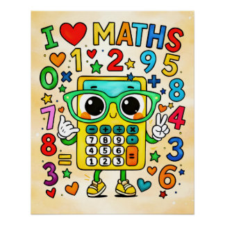 Pôster Eu Amo Design de Calculadora Fofo de Matemática