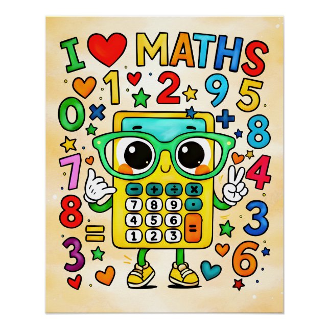 Pôster Eu Amo Design de Calculadora Fofo de Matemática (Frente)