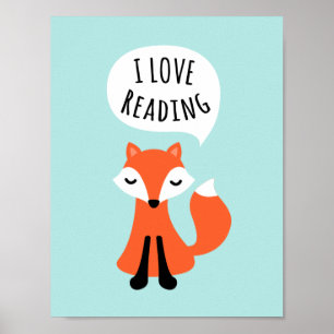 Pôster Eu amo ler arte de parede de berçário de raposa de