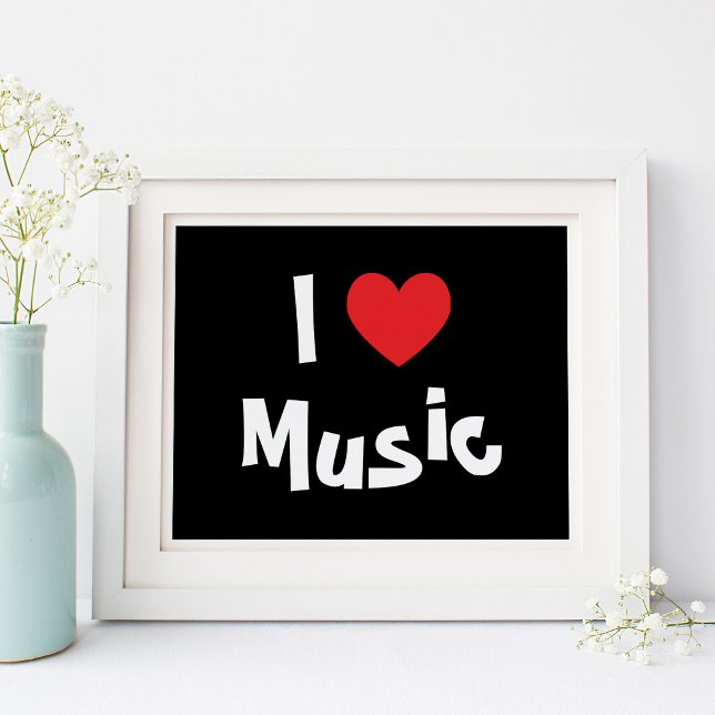 Poster Eu Amo Música (Black and White I Love Music Red Heart Poster)