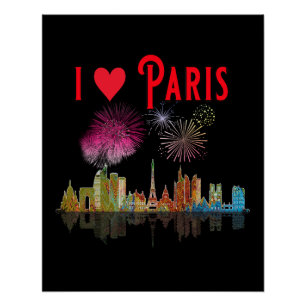 Pôster Eu amo Paris na noite Skyline Fireworks Poster