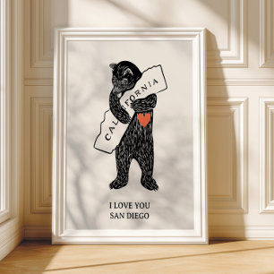 Poster Eu amo você Califórnia Urso Abraçando Mapa Cidade