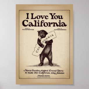 Poster Eu Amo Você Mapa do Urso Abraçando a Califórnia