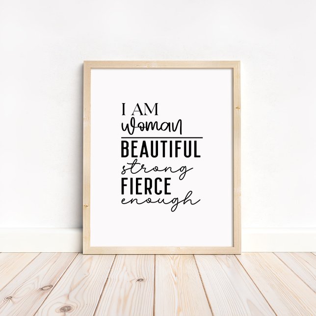 Poster Eu Sou Mulher - Boho Minimalista Motivacional  (I am Woman - Boho Minimalist Motivational Poster in a neutral wooden frame)