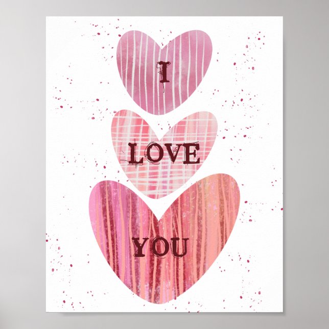 Poster Eu Te Amo Namorados Corações De Aquarela Rosa (Frente)