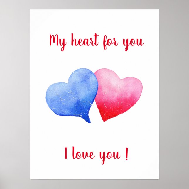 Poster Eu te amo vermelho-d-água e coração azul (Frente)