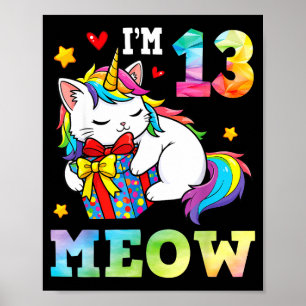 Poster Eu Tenho 13 Anos de Idade Gato Unicórnio Meow Aniv