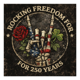 Pôster EUA 250 Anos Rocking Liberdade Esqueleto Patriótic