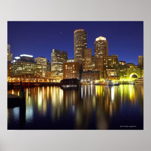 Poster EUA, Boston, skyline da cidade na noite (por muito