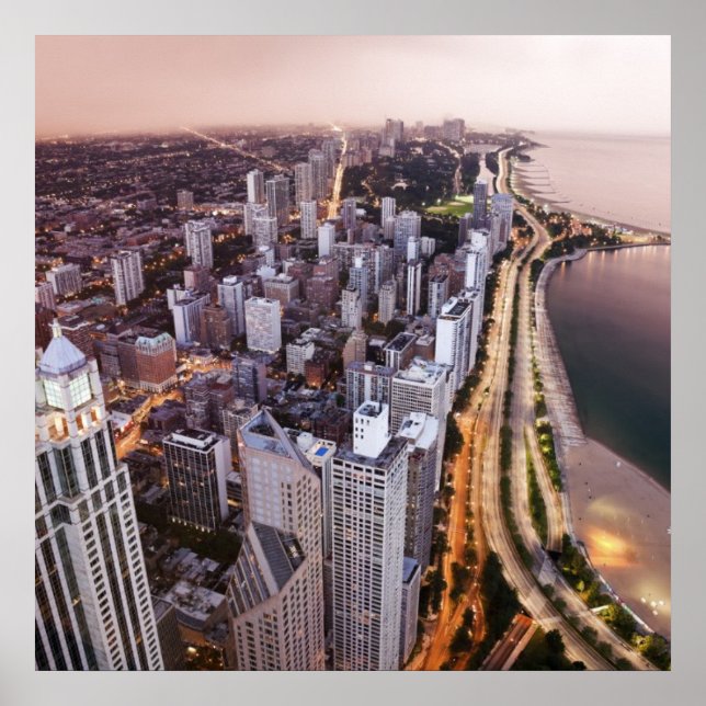 Pôster EUA, Illinois, Chicago, vista aérea do lago (Frente)