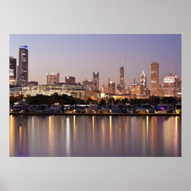 Pôster EUA, Illinois, horizonte de Chicago ao anoitecer (Frente)