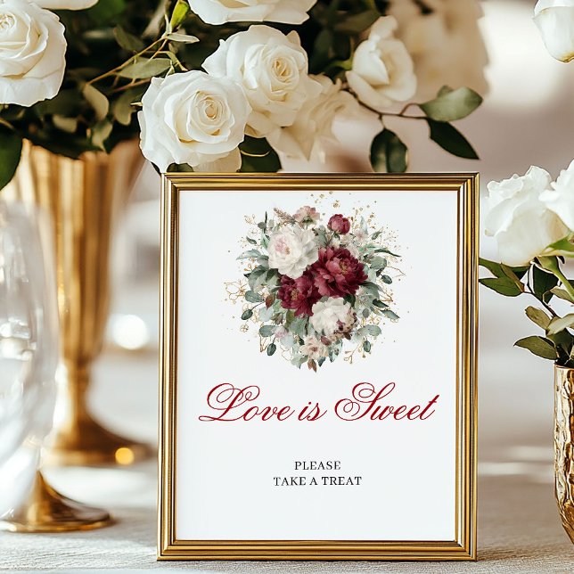 Poster Eucalipto Amor é Doce Blush Borgonha Floral Sig (Eucalyptus Love is Sweet Blush Burgundy Floral Sign)