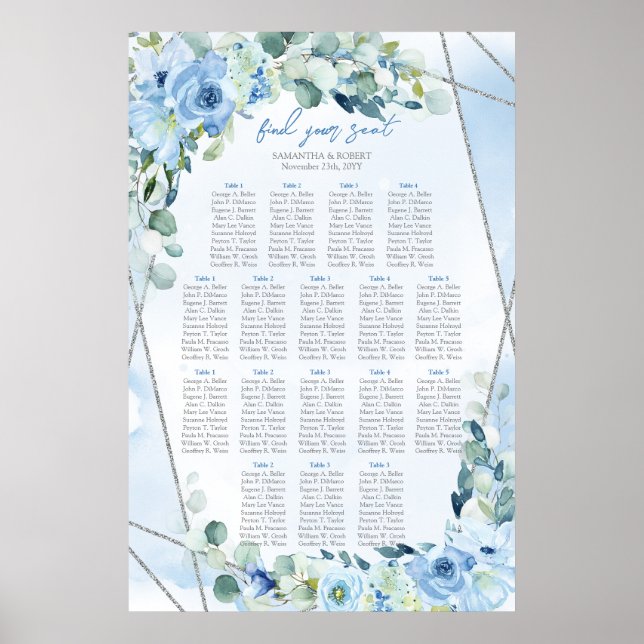 Poster Eucalipto floral azul-boho e assento prateado (Frente)