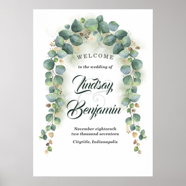 Poster Eucalyptus e Dourado Sinal de Boas-vindas ao Casam (Frente)