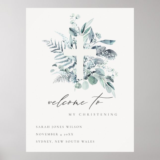 Poster Eucalyptus Fern Fauna Cross Christening (Frente)