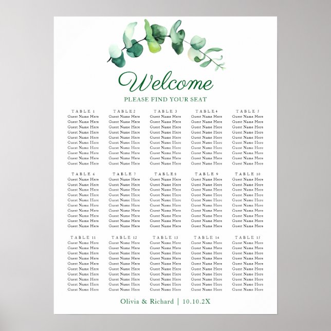 Poster Eucalyptus Greenery 15 Table Wedding Seating Chart (Frente)